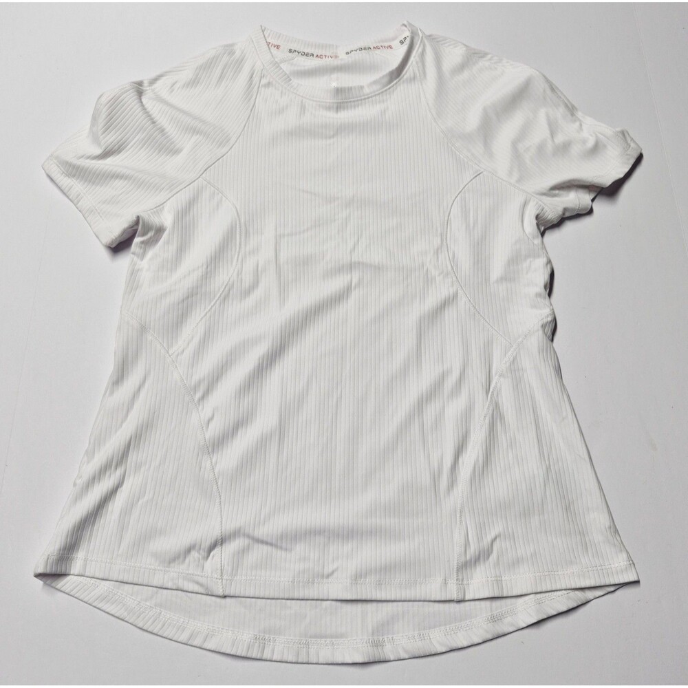Spyder Active Women White Ribbed Short Sleeve Athletic Tee Shirt Small EUC